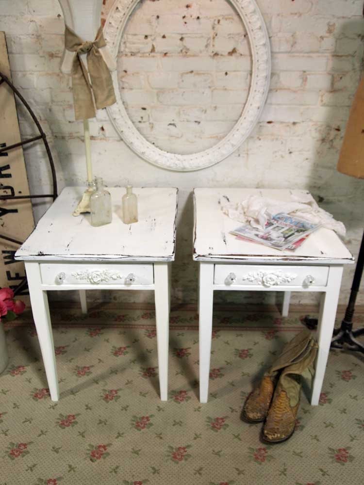 Painted Cottage Chic Shabby White Farmhouse End Tables ENT269