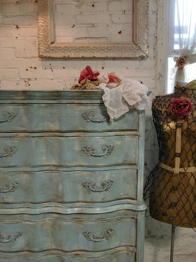 Painted Cottage Chic Shabby Aqua Romantic Dresser CH327