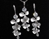Wedding Jewelry Set - Bridal Necklace and Earrings, Bridesmaids, Clear White Round Cubic Zirconia Crystal, Long Earrings, Orchid