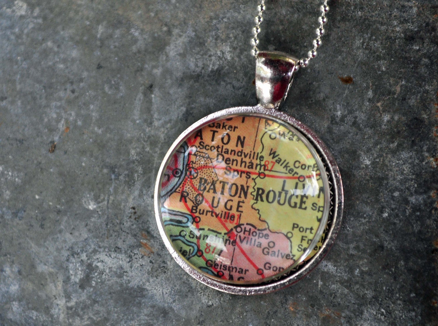 Map Pendant Necklace from Vintage Atlas Baton Rouge Louisiana
