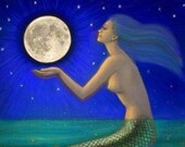 Mermaid art Sea Goddess full moon fantasy poster print of painting