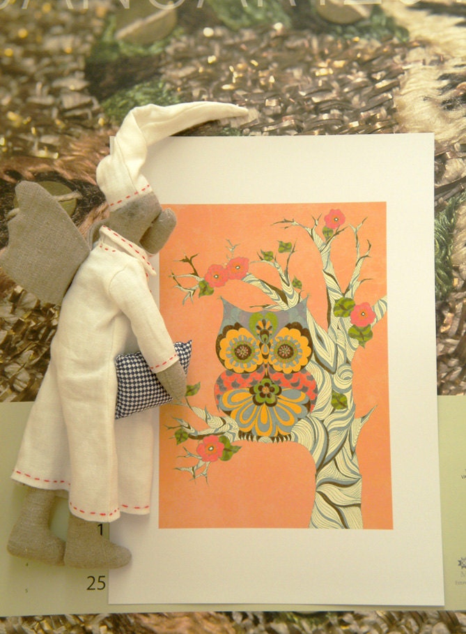 Owl art II (Nursery owl, Owl sitting on a tree, Flower tree, Elegant baby art)