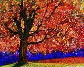 Orange, red star tree art landscape photograph collage, autumn, fall, bright colors, cheerful, abstract, psychedelic matted print