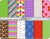 Rainbow Ice Cream Paper Pack (12 Sheets) - BUY 2 GET 2 FREE - Personal and Commercial Use - pink purple red dots stripes green yellow