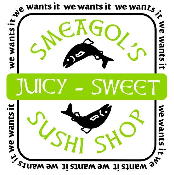 Lord of the Rings inspired Tshirt with Smeagols Sushi Shop design