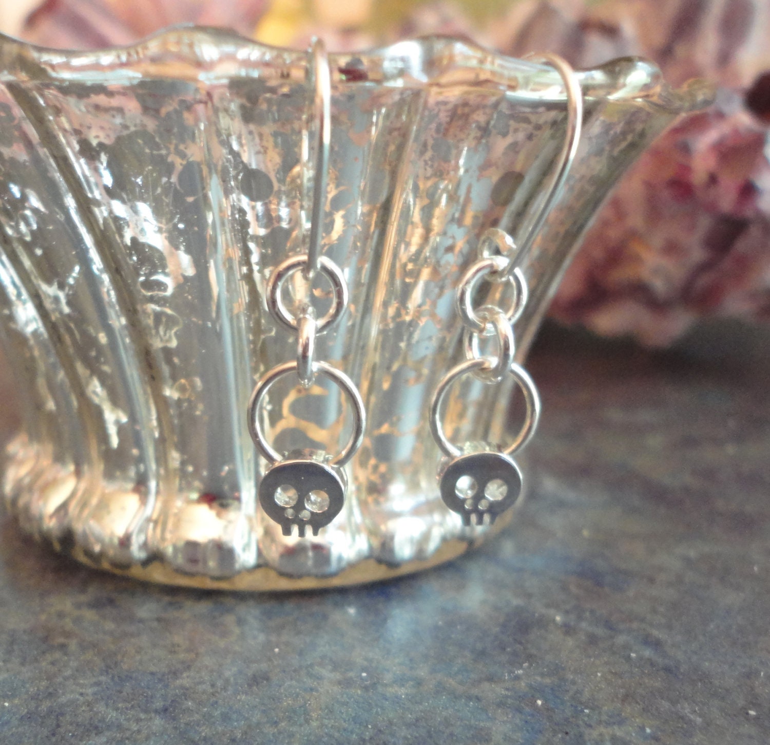 925 Sterling Silver Teeny Tiny Baby Sugar Skull Earrings Dangle Circle Ring Halloween Goth Teen Teenager Solid