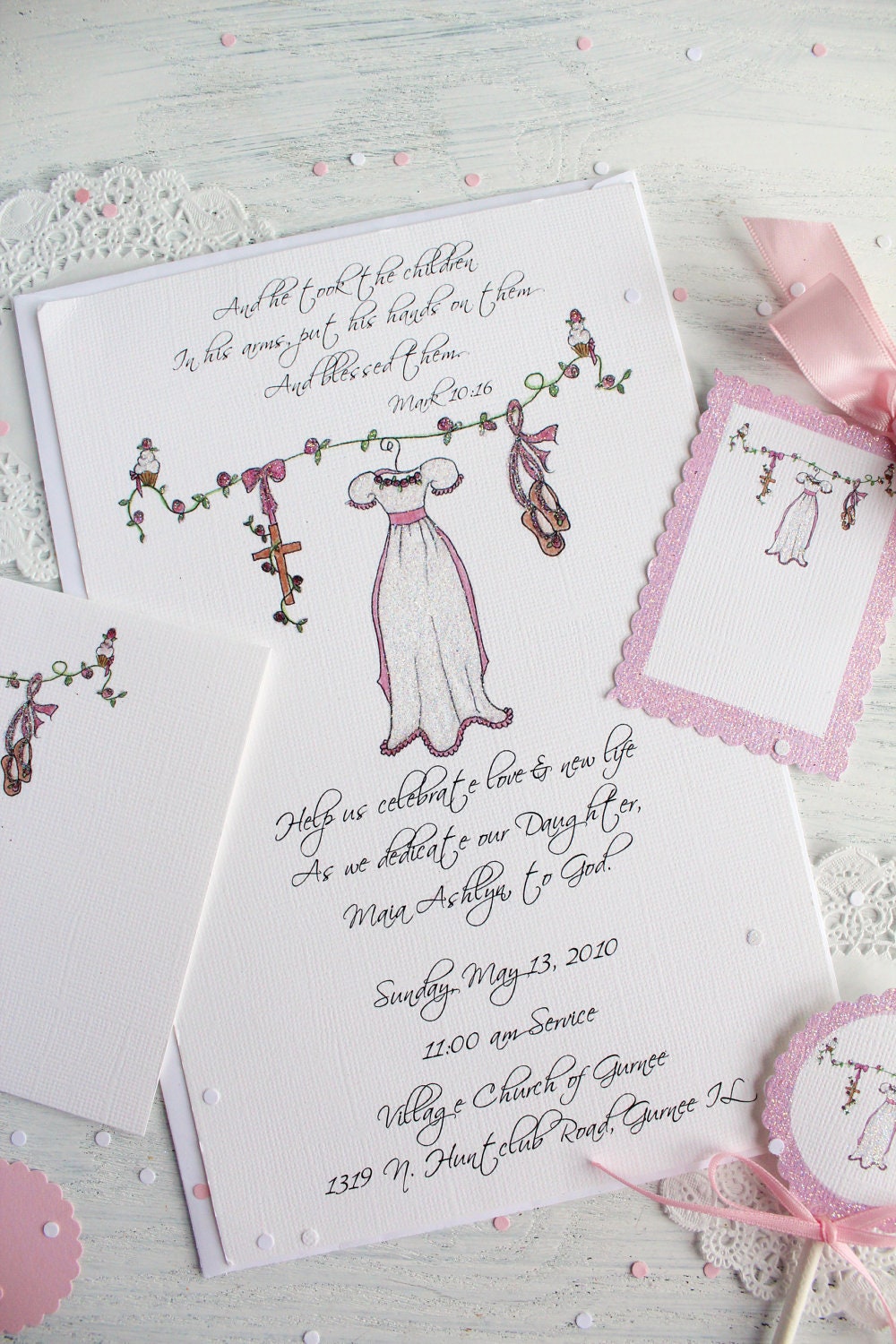 Sweet Baby Dedication Girl invitations, note cards, thank you cards, gift tags or cupcake flags