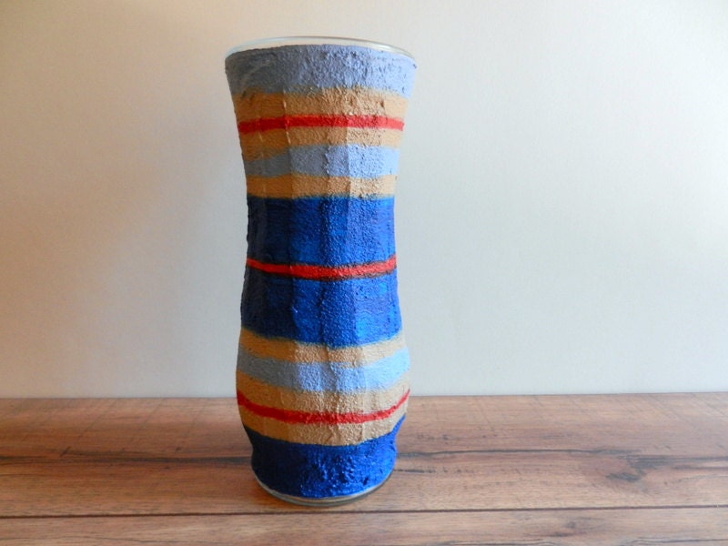 Blue Vase with red and tan stripes / blue and red home decor