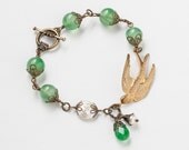 Neo Victorian Filigree Bracelet antique gold swallow bird charm emerald green agate white pearls jade womens jewelry Steampunk Nation R1081