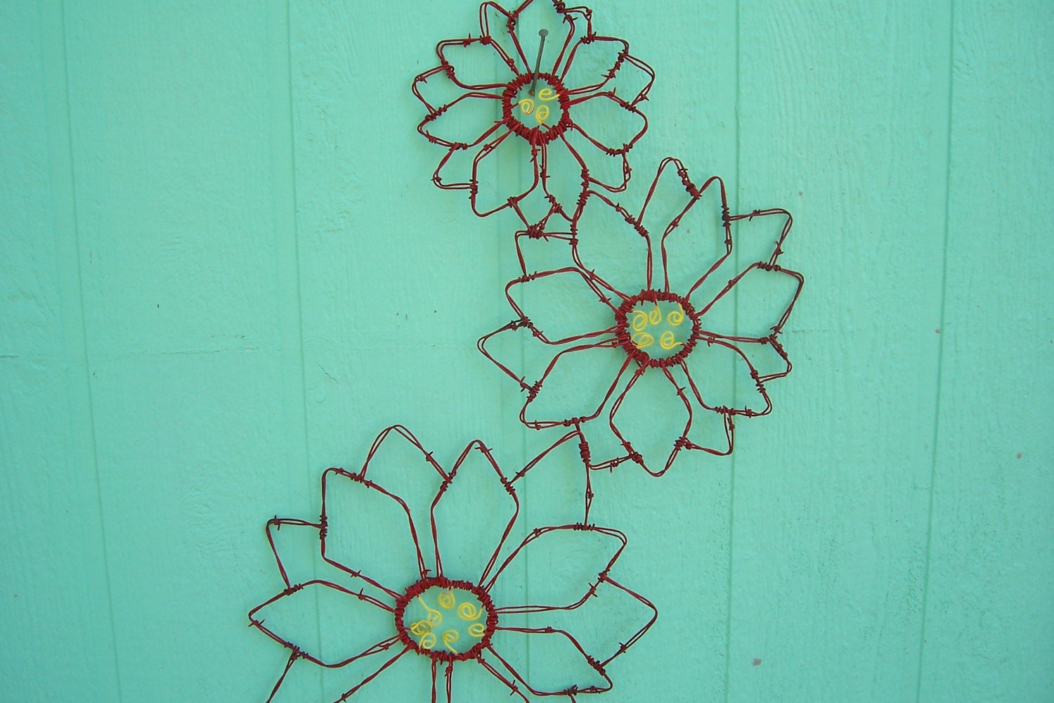 Barbed Wire Art Red Poinsettia Trio Christmas Decor Wall or Door Hanging