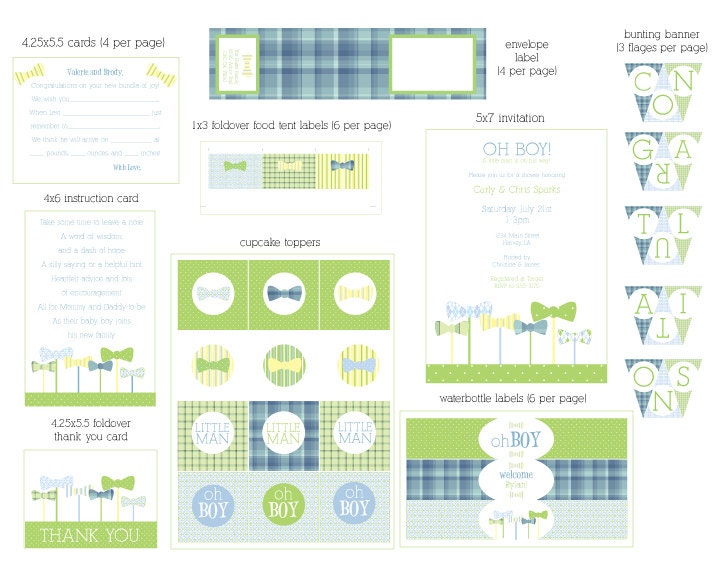 Bow Tie Invitation and Party Set - Cupcake Toppers, Label Cards and more - DIY printable