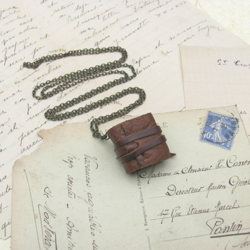Honey Brown Leather Book Necklace