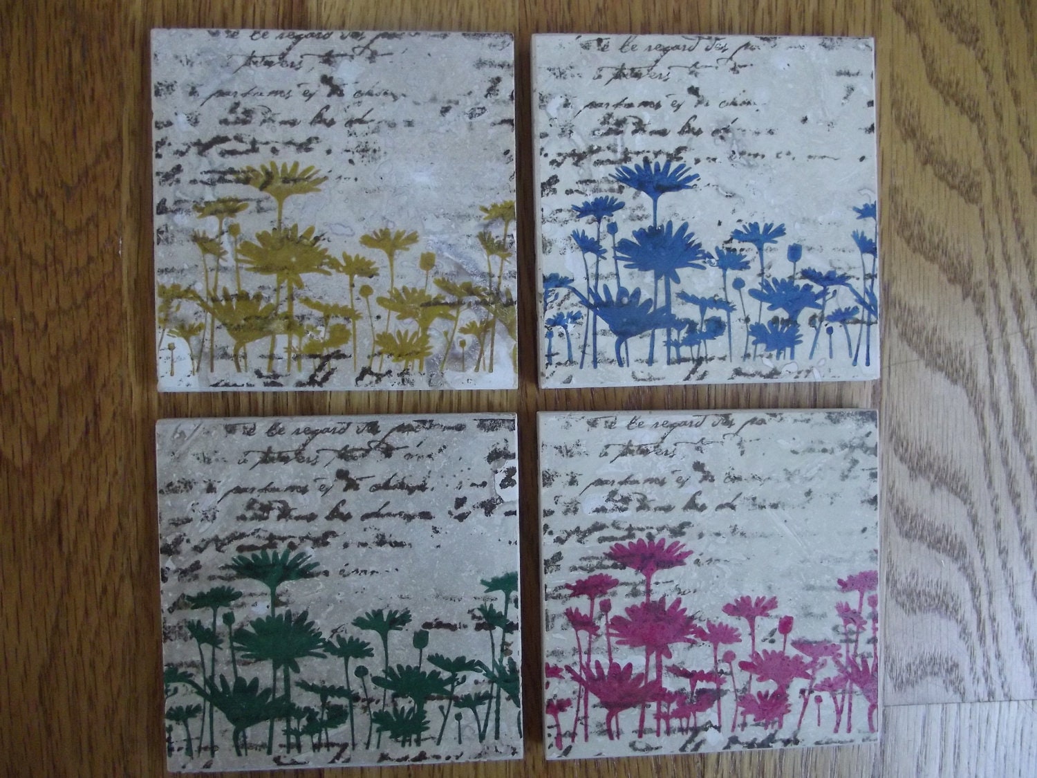 Fathers Day Rainbow Wildflowers Wild Flowers Coasters Yellow Pink Blue Green - Set of 4 Home Decor or Makes the Perfect Gift