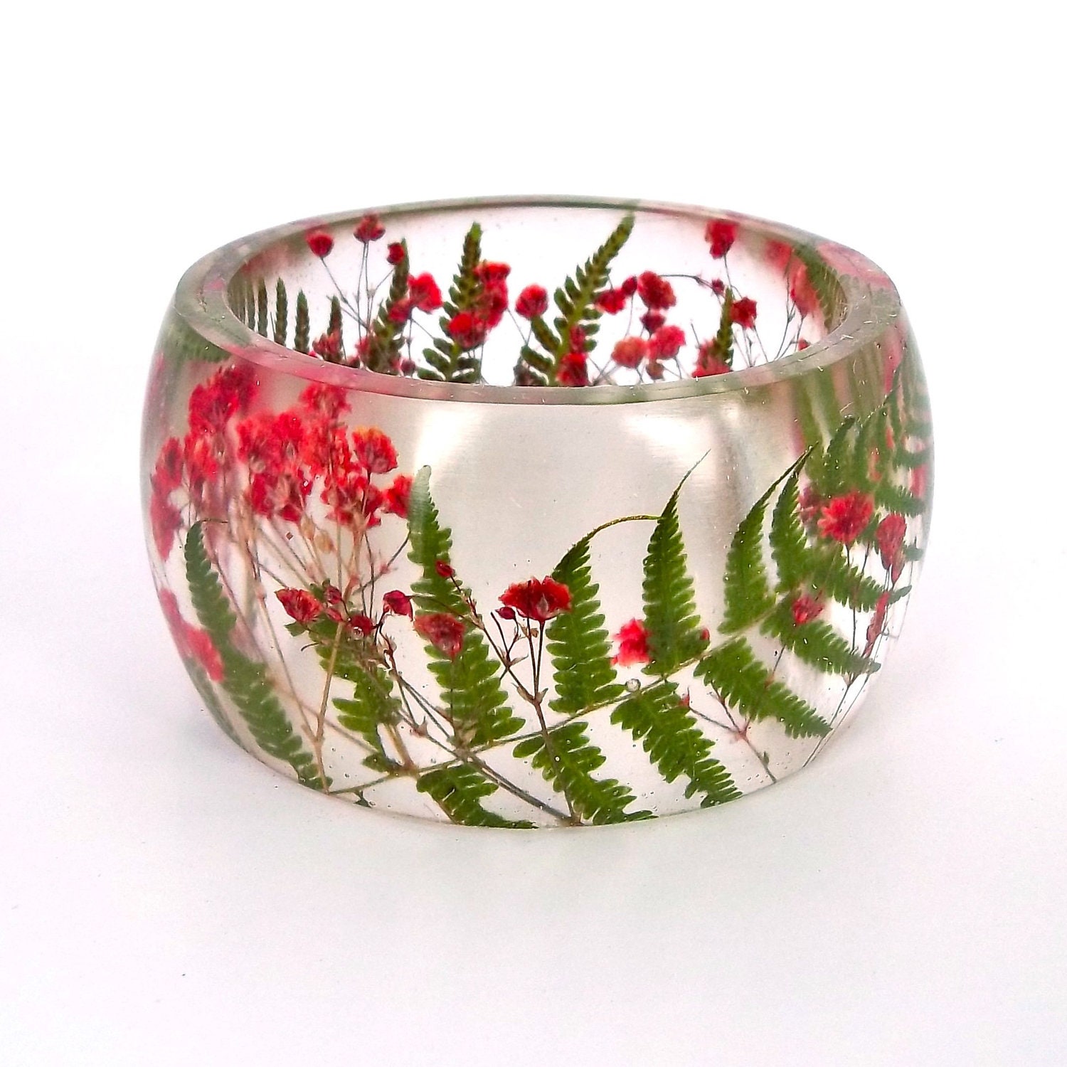 Size XL Fern and  Baby's Breath Resin Bangle.  Red and Green Pressed Flower Bracelet.  Plus Size Bracelet with Real Flowers.