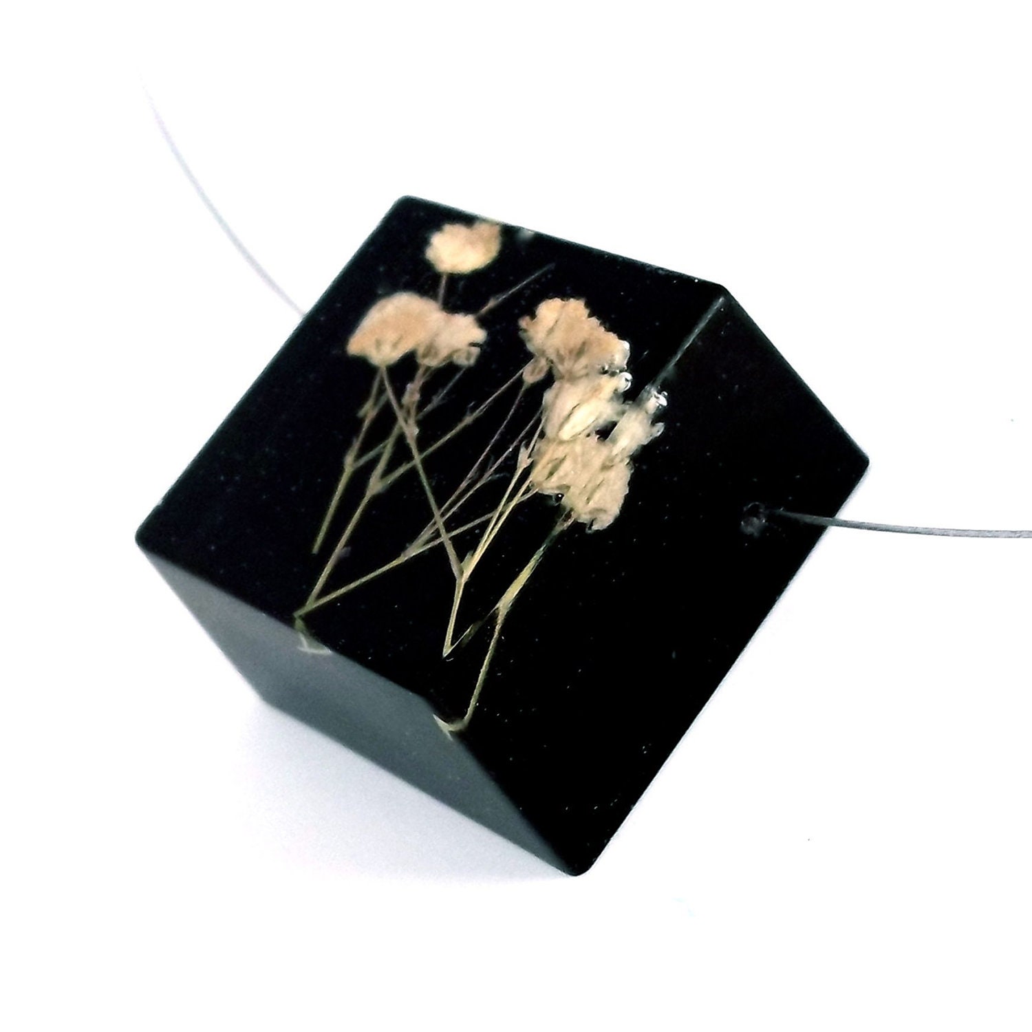White Baby's Breath set into Black Resin Cube.  Black Botanical Resin Necklace.   Elegant Contemporary  Statement Jewelry.  Real Flower.