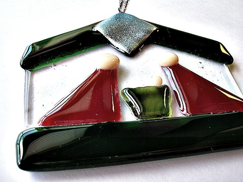 Fused Glass Red and Green Nativity Ornament, Keepsake, Gift Suncatcher