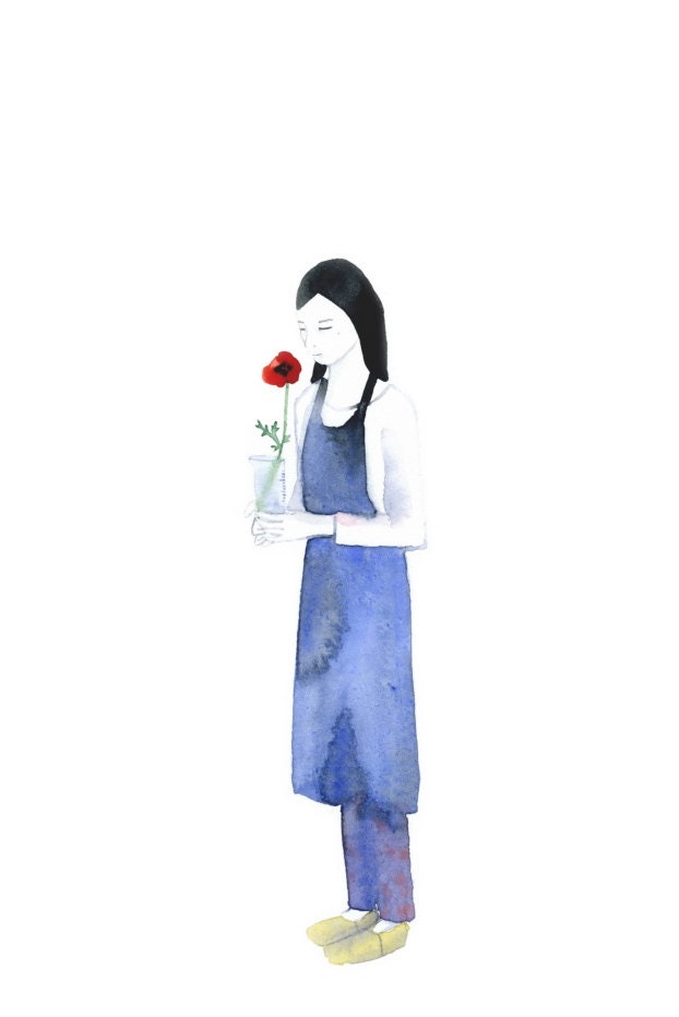 my japan serie, girl holding a glass vial with poppy, large postcard or poster, watercolor