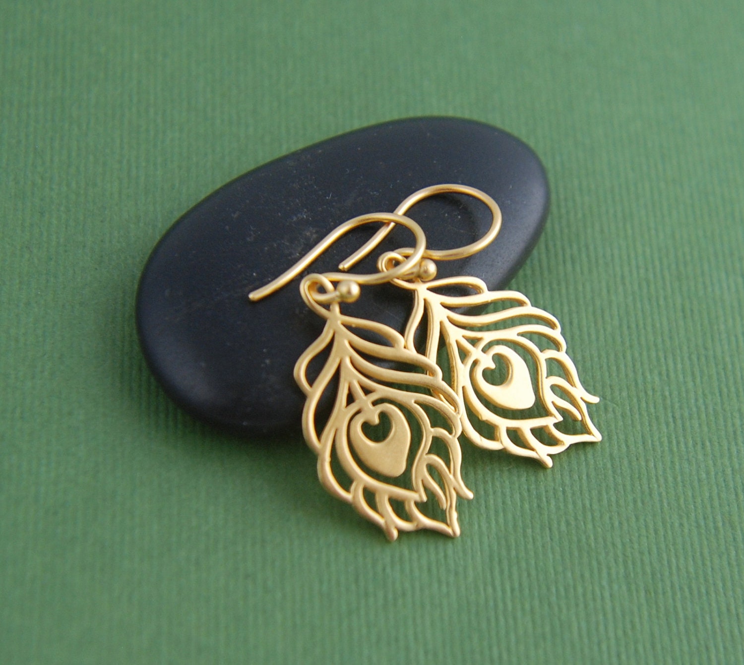 Gold peacock feather earrings, gold feather earrings, gold earrings, feather pendant, peacock earrings