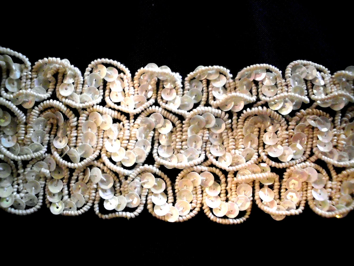 Vintage Lace Sequined Trim. 2 inches wide. 1 yard total length.