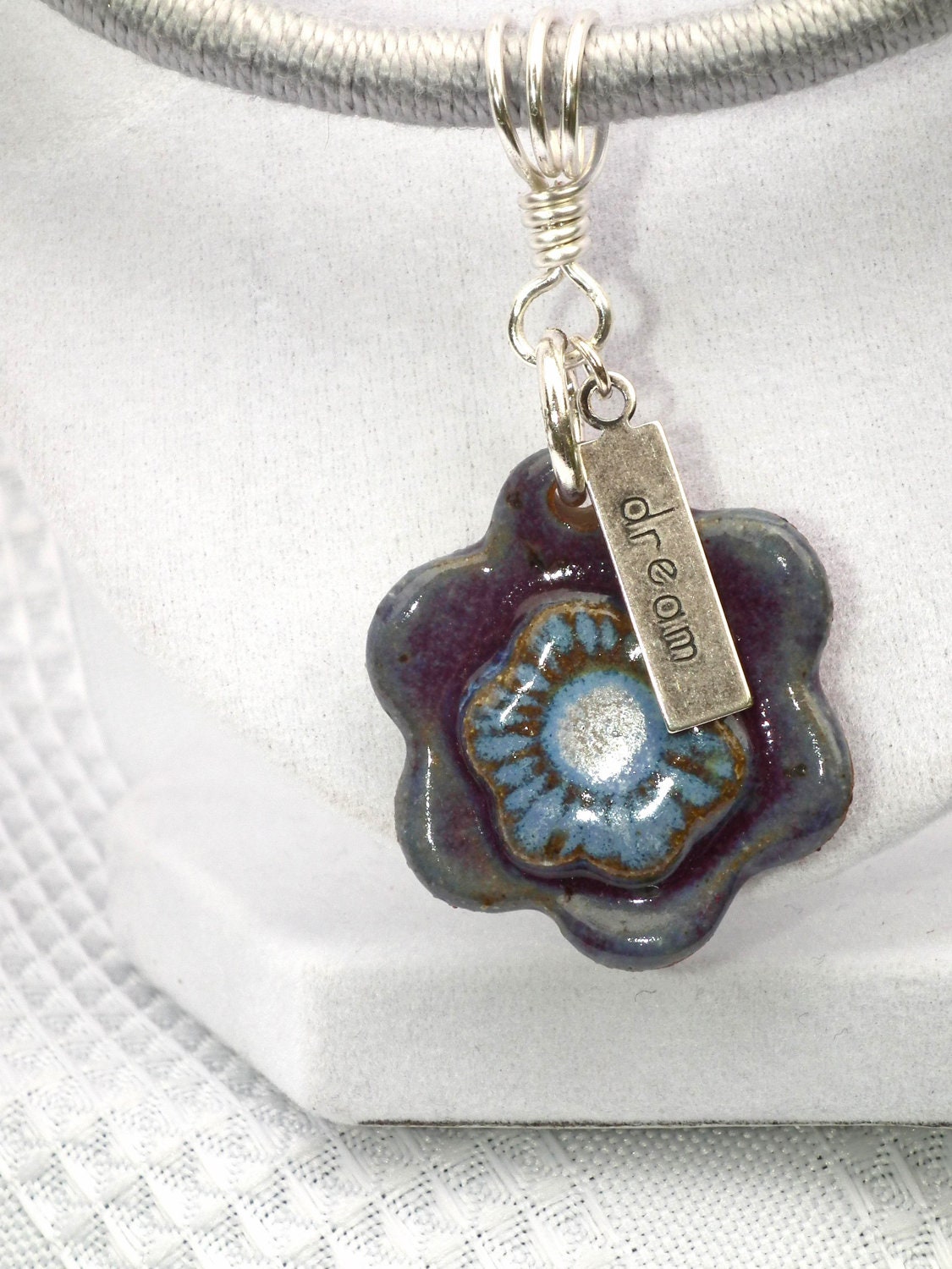 Blue Flower with Dream Charm Wrapped Cord Necklace with SS Accents