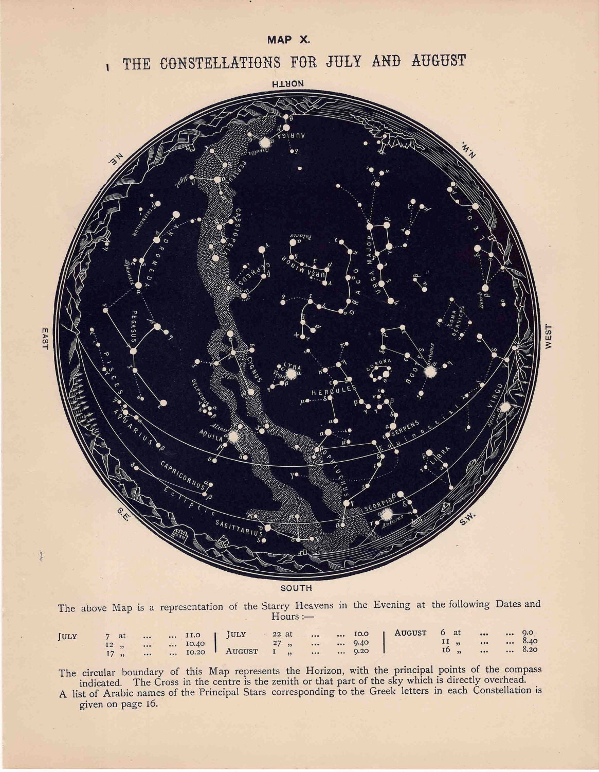 1890 july august constellations star map original vintage celestial astronomy print