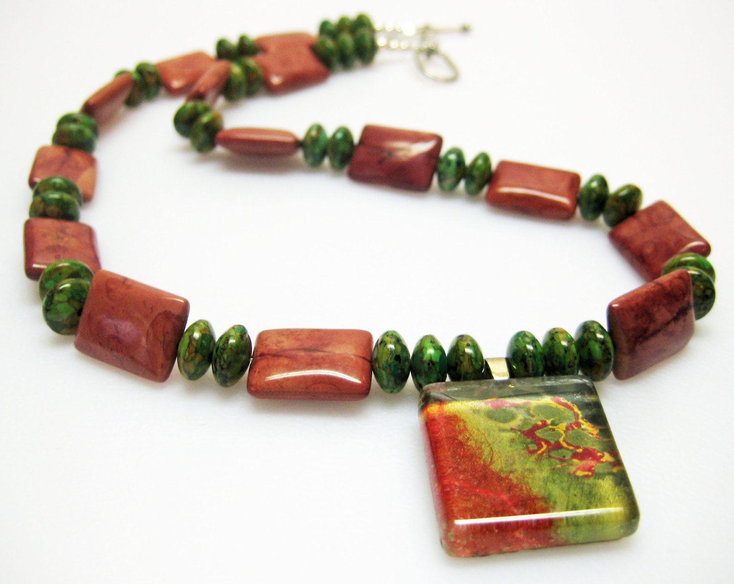 Rust Necklace - Green - Orange - Fall - Collage Pendant