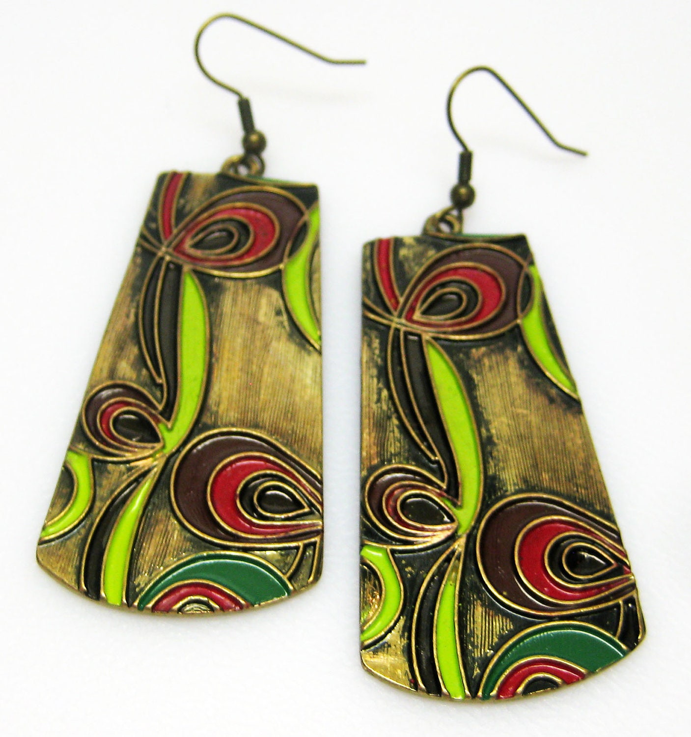 Brass Earrings - Art Deco - Dark Pink - Lime Green - Dangle