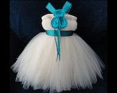 Teal Blue Ivory Flower Girl Dress