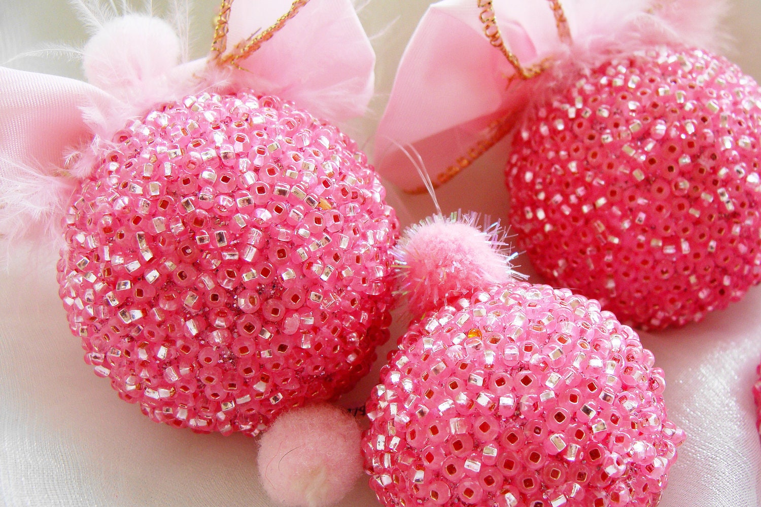 Pink Christmas Ornaments, Pink Christmas Decoration, Rose colored Ornaments, Beaded Ornaments, Christmas Bauble