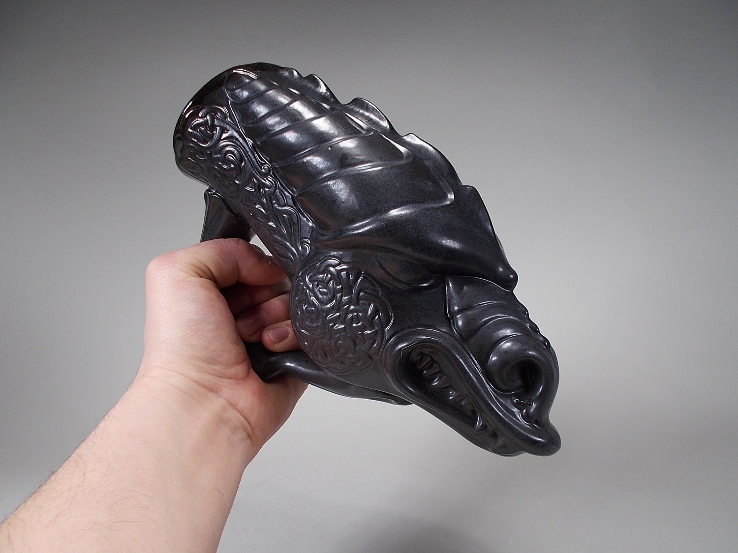 Celtic Dragon Beer Mug , Cup , Drinking Horn - 20 oz. - Gift Idea for Celebrations, Weddings, in Satin Black glaze(20oz)