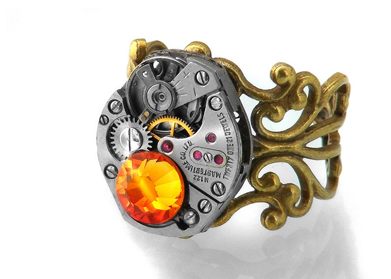 Steampunk Ring, Fire Opal Crystal & Vintage Watch Mechanism - Adjustable ring