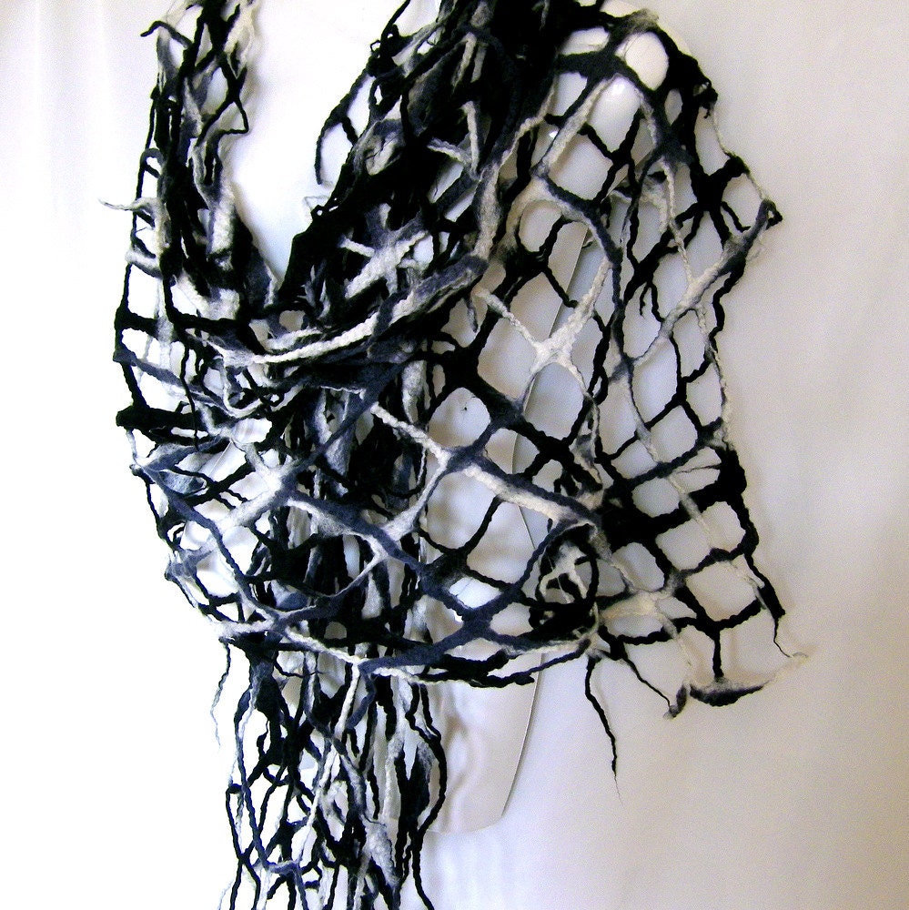 Felt Scarf, Lattice Lacy Scarf, Black White Gray Felted Scarf, Merino Wool Wrap