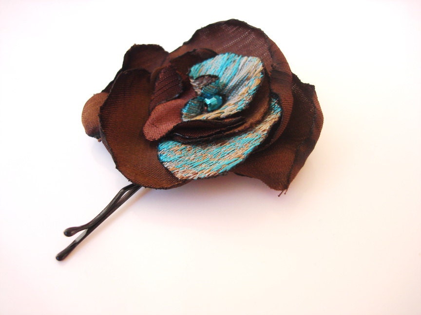 Handmade Wedding Hair Flowers 2 color  turquoise  and brown chocolate bobbys set two hairpin