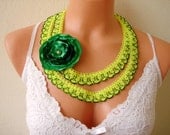 Neon yellow green beaded crochet lace double strand necklace