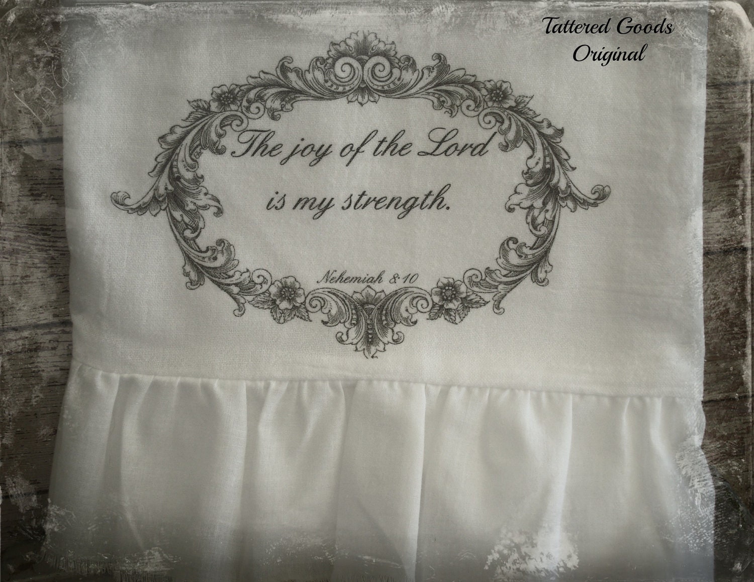 Handmade Flour Sack, Tea Towel, Farmhouse, Cottage Chic, Hostess Gift, Ruffle (FRAMED this is the day)