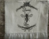 Handmade Flour Sack, Tea Towel, Farmhouse, Cottage Chic, Hostess Gift, ( RUFFLED B&W Queen Bee)