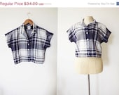 Sale Vintage 1980s Plaid Crop Top / Navy White Blouse / Checkered Button Up Crop Top