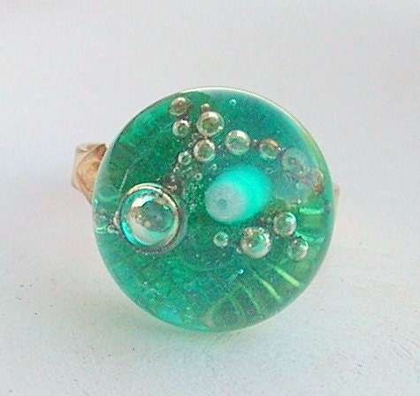 Lampwork Ring Bubbles Galaxy Teal Emerald Green Galaxy Artisan Handmade Jewelry Gift for Her