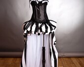 Custom size Black and White striped satin and tulle Circus Harlequin Burlesque corset prom dress with neck piece