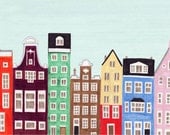 Scandinavian Dutch Amsterdam,  Colorful 5 x 7 Illustration Art Giclee Print for Wall and Home Decor, red, green, blue, orange, yellow