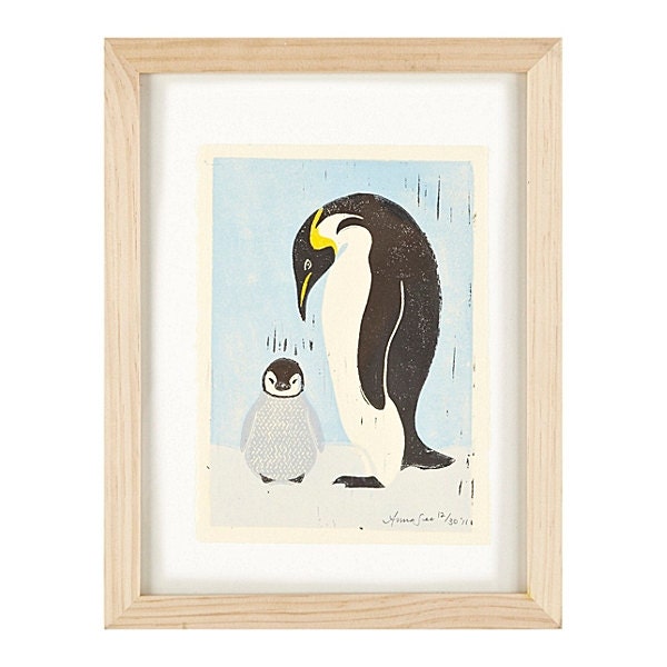 Penguins: Mother and Child 5 X 7 hand-pulled linocut block print
