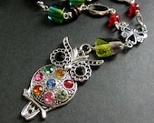Owl Necklace in Rainbow Rhinestones. Beaded Necklace in Lampwork Glass and Silver. Handmade Artisan Jewelry.