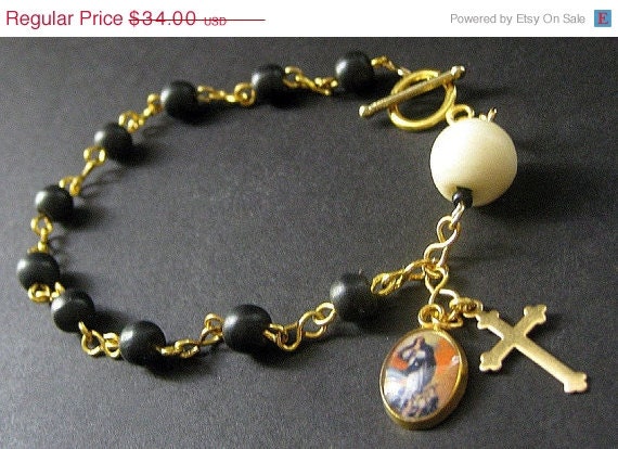 SUMMER SALE - Bone Rosary Bracelet in Black and White - Sacred Vow. Handmade Rosary.