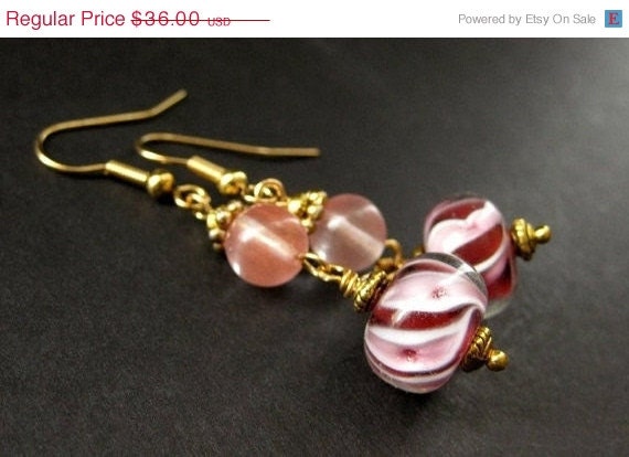 SUMMER SALE - Lampwork Earrings in Raspberry and Cherry Quartz Swirl. Handmade Earrings.
