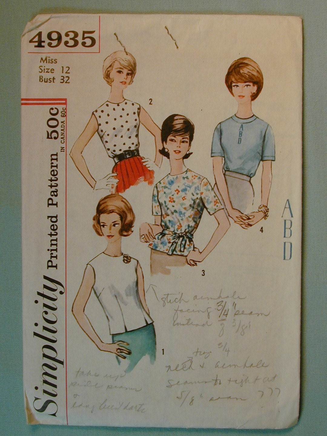 Vintage 1960s Simplicity Blouse Pattern Size 12 Miss Womens 4935
