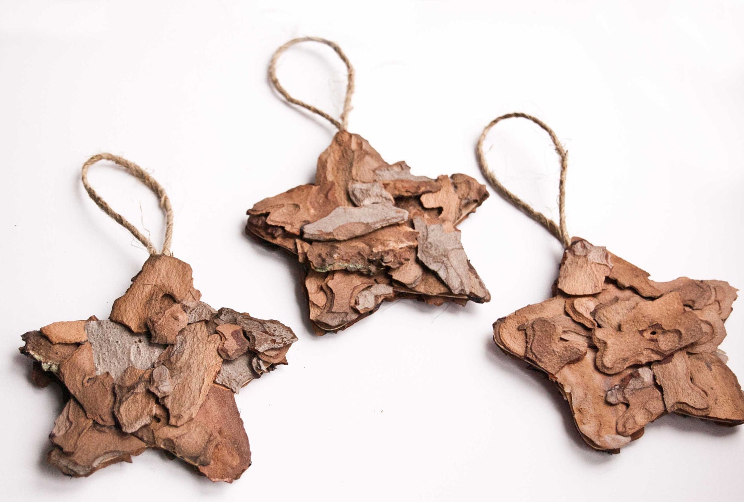 Rustic star  ornaments- Holiday ornaments - fir bark star - Christmas tree ornaments, star ornaments, star Christmas ornaments, set of 3