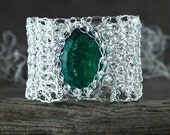 Cuff Silver Wire Crochet Green Glass Gem: "Brigit's Well"