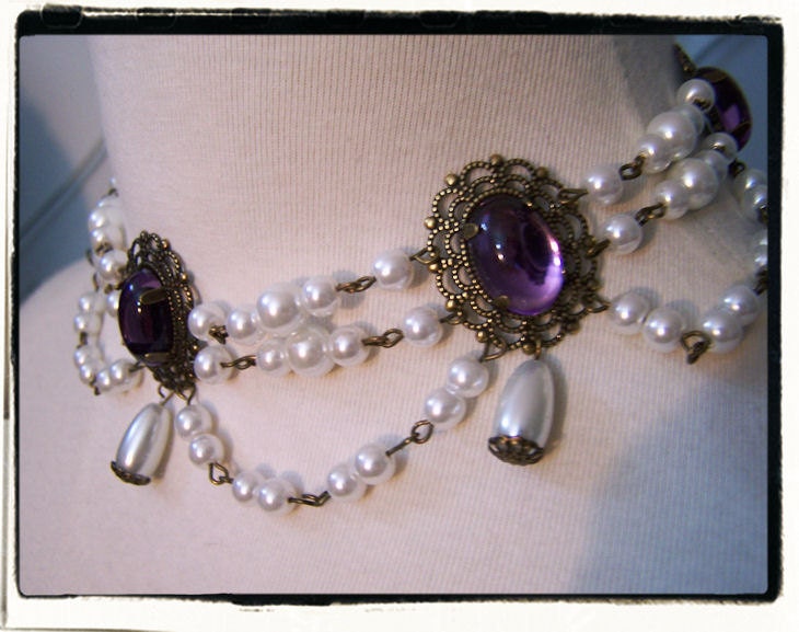 Amethyst and White Boudoir Pearls Choker Renaissance Tudor Necklace