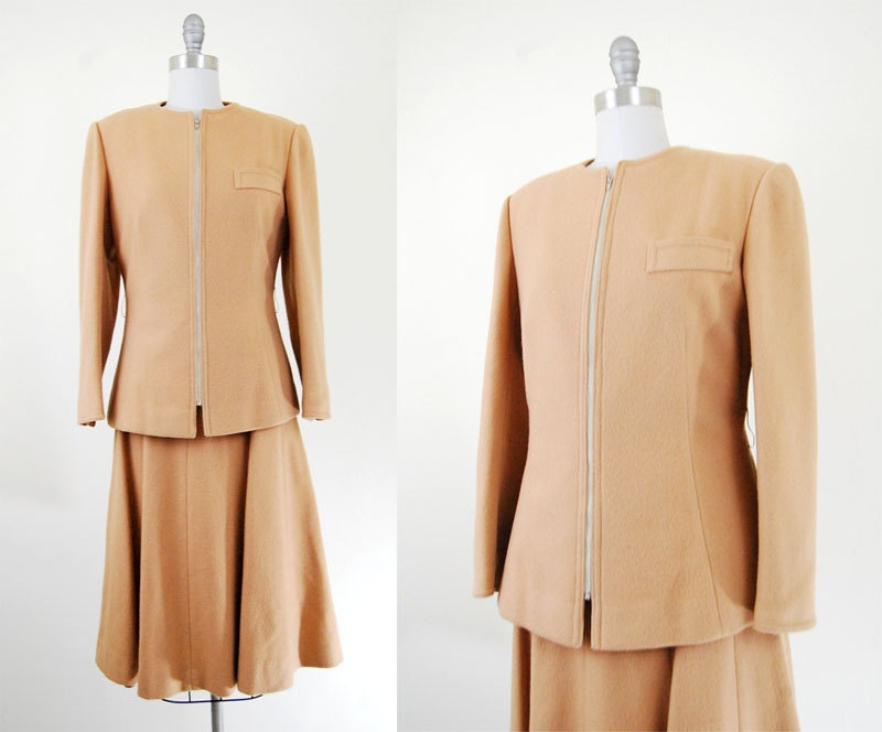 1960s tan wool jacket and skirt suit set / small medium