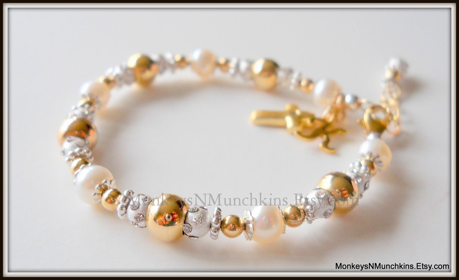 Birth to 24 Months Gold and Silver Freshwater Pearl Baby Initial Bracelet Baptism